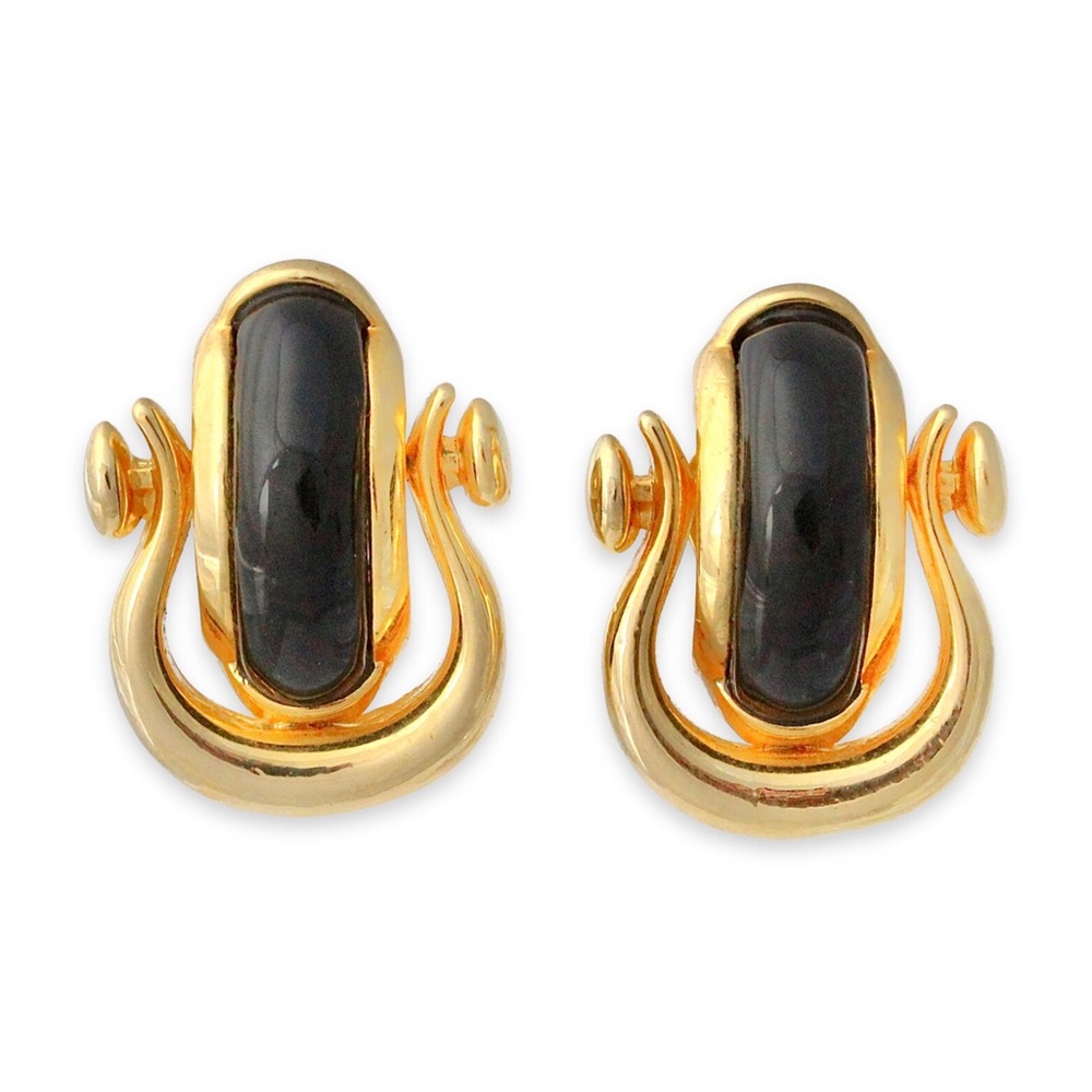 Vintage Black Lucite Door Knocker Clip On Earrings Gold Plated Doorknocker